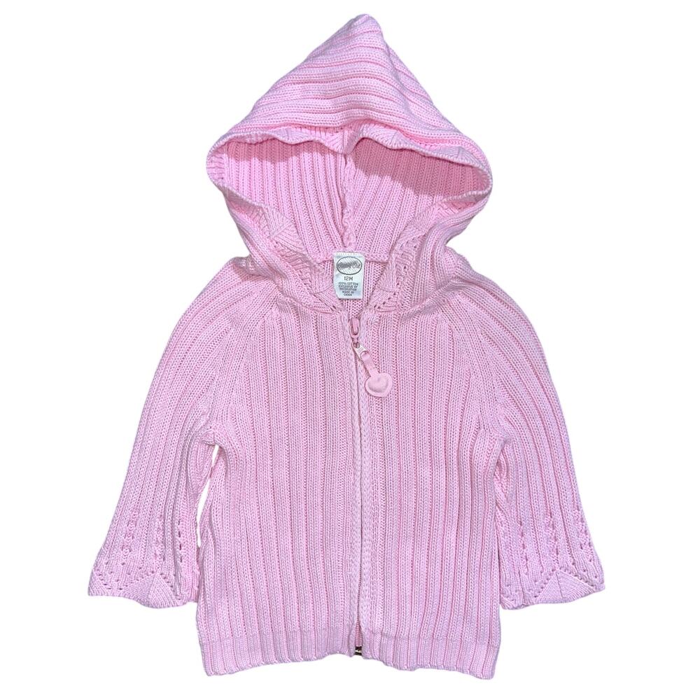 Vintage 90s Starting Out Baby Light Pink Cotton Knit Full Zip Hooded Jacket 12M